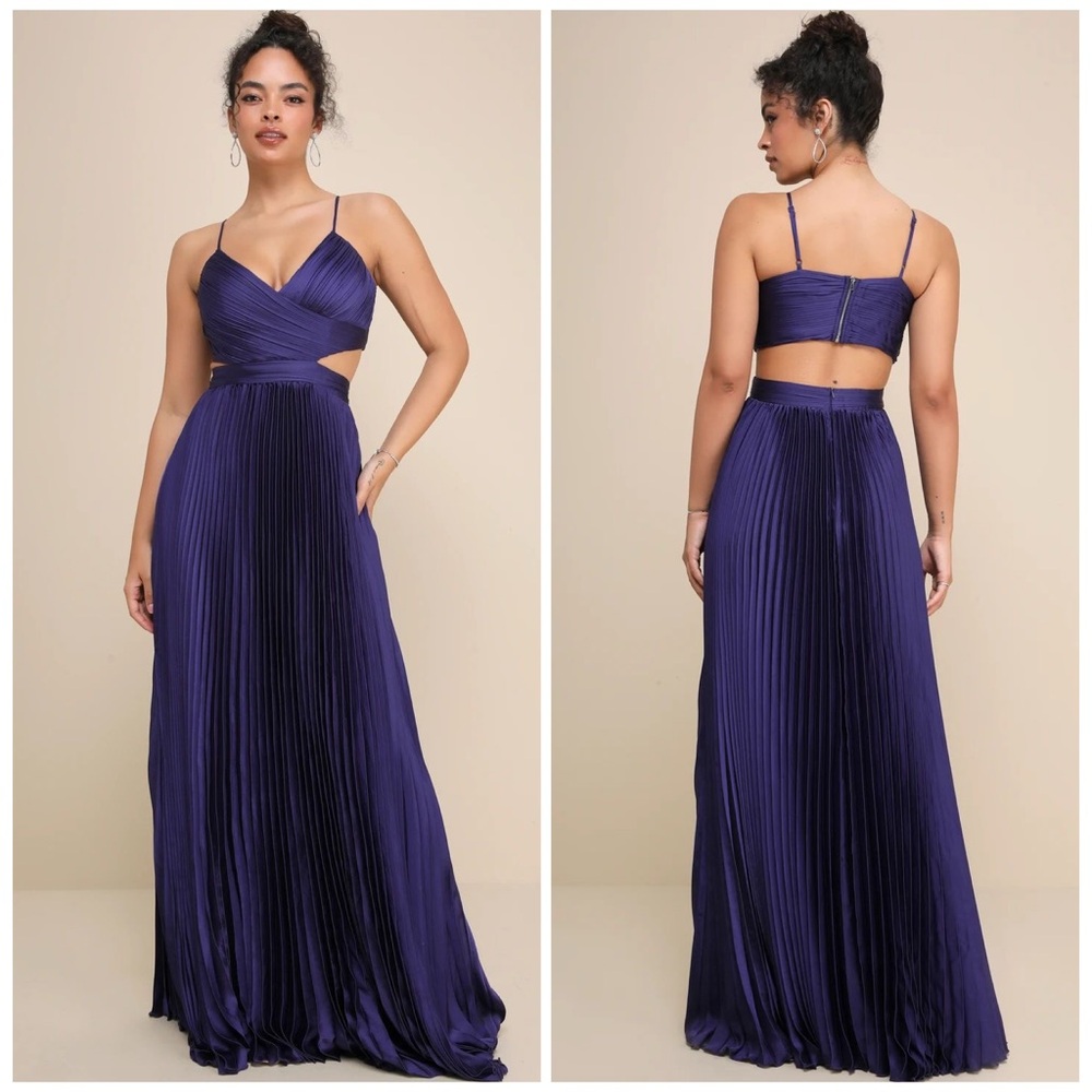 Lulus Got the Glam Navy Blue Pleated Cutout Maxi Dress Size Medium NEW